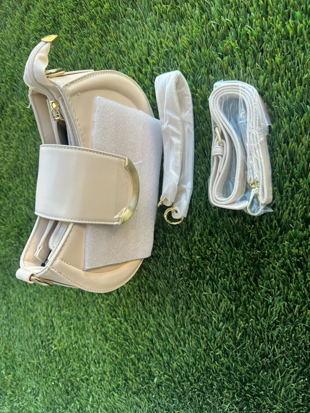 Cream Shoulder Bag with Gold Hardware - Women's Shoulder Bag